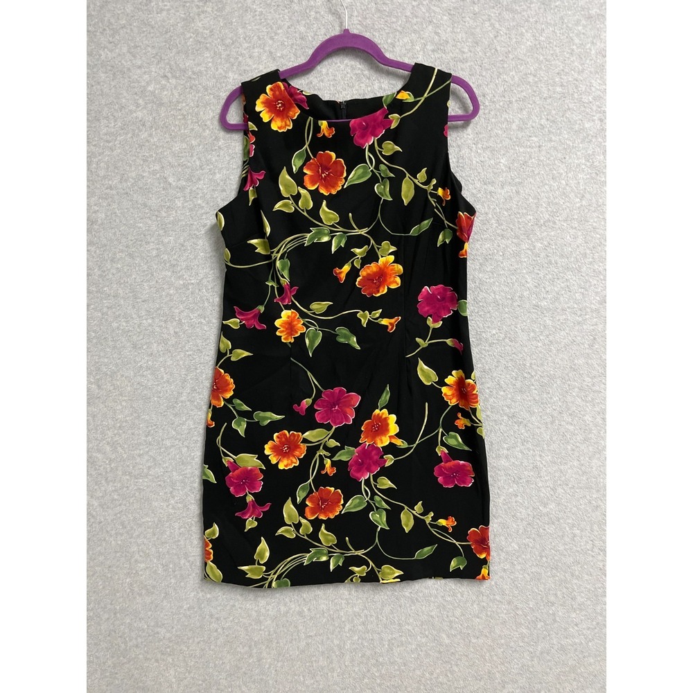 John Roberts Mini Shift Dress Womens 16 Black Floral Lined Round Neck Back Zip